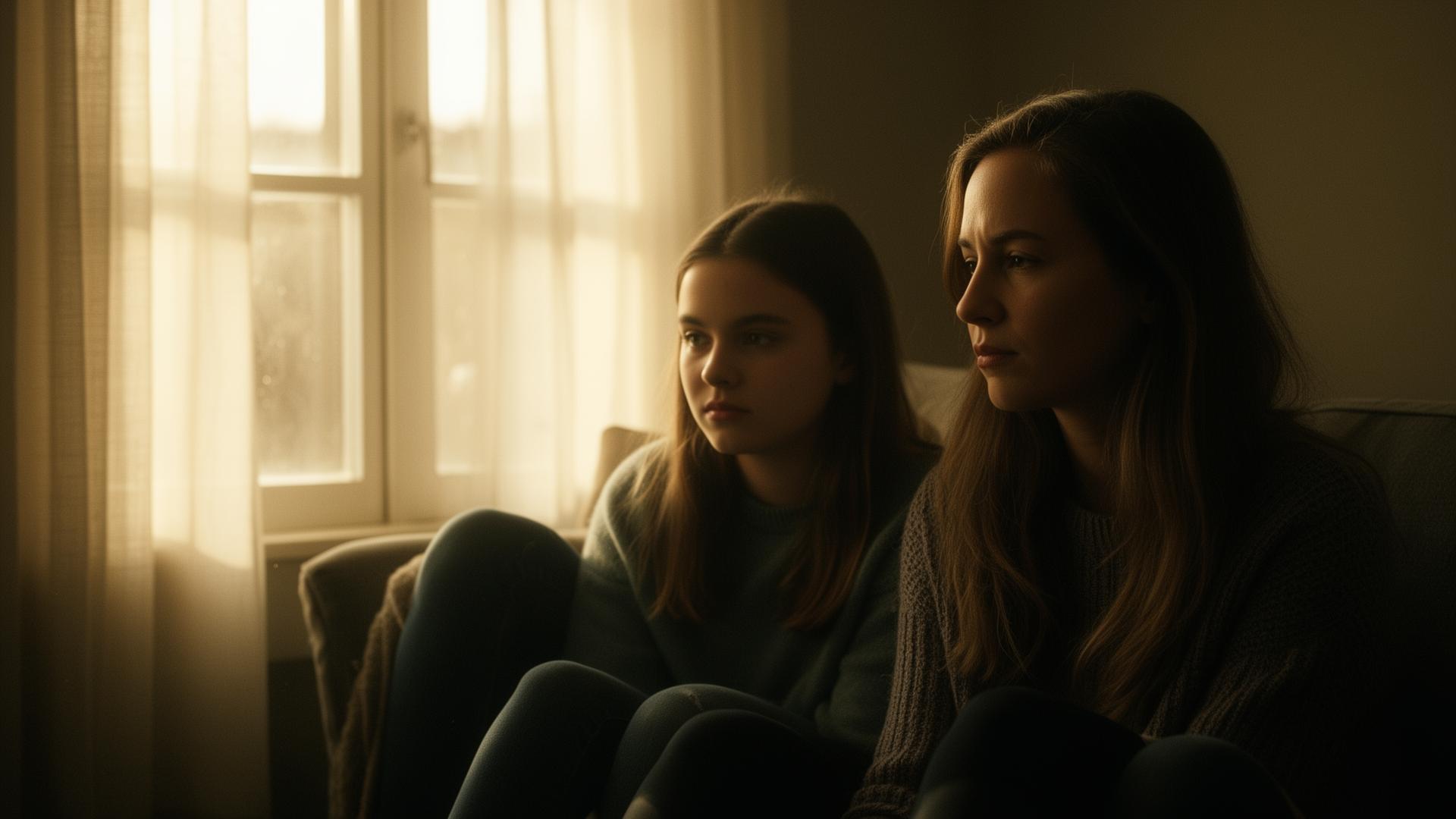 A mother and her teenage daughter sitting quietly together by a sunlit window.